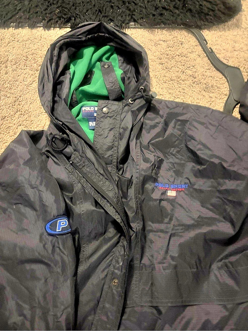 Vintage Polo Sport Men's Black & Green Hooded Jacket